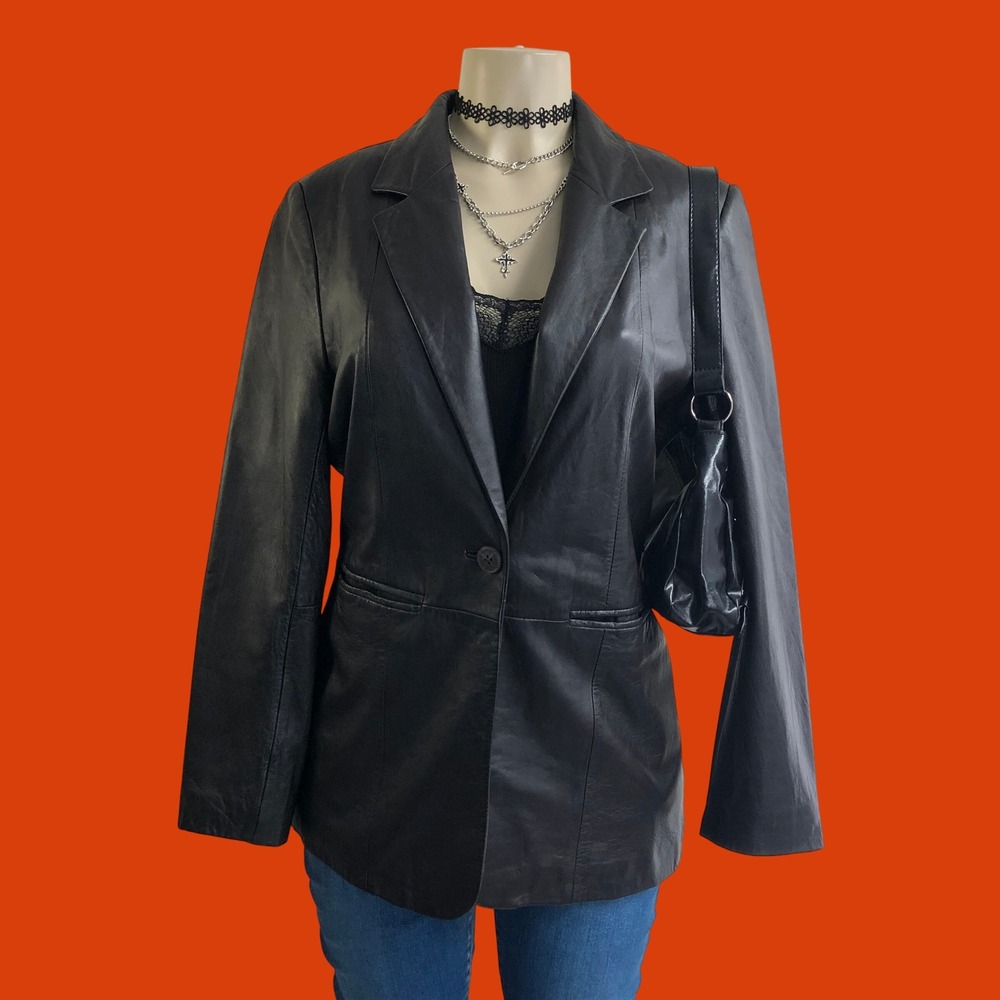 Vintage Y2K Black 100% Genuine Leather Blazer Jacket Size S Matrix Indie Sleaze